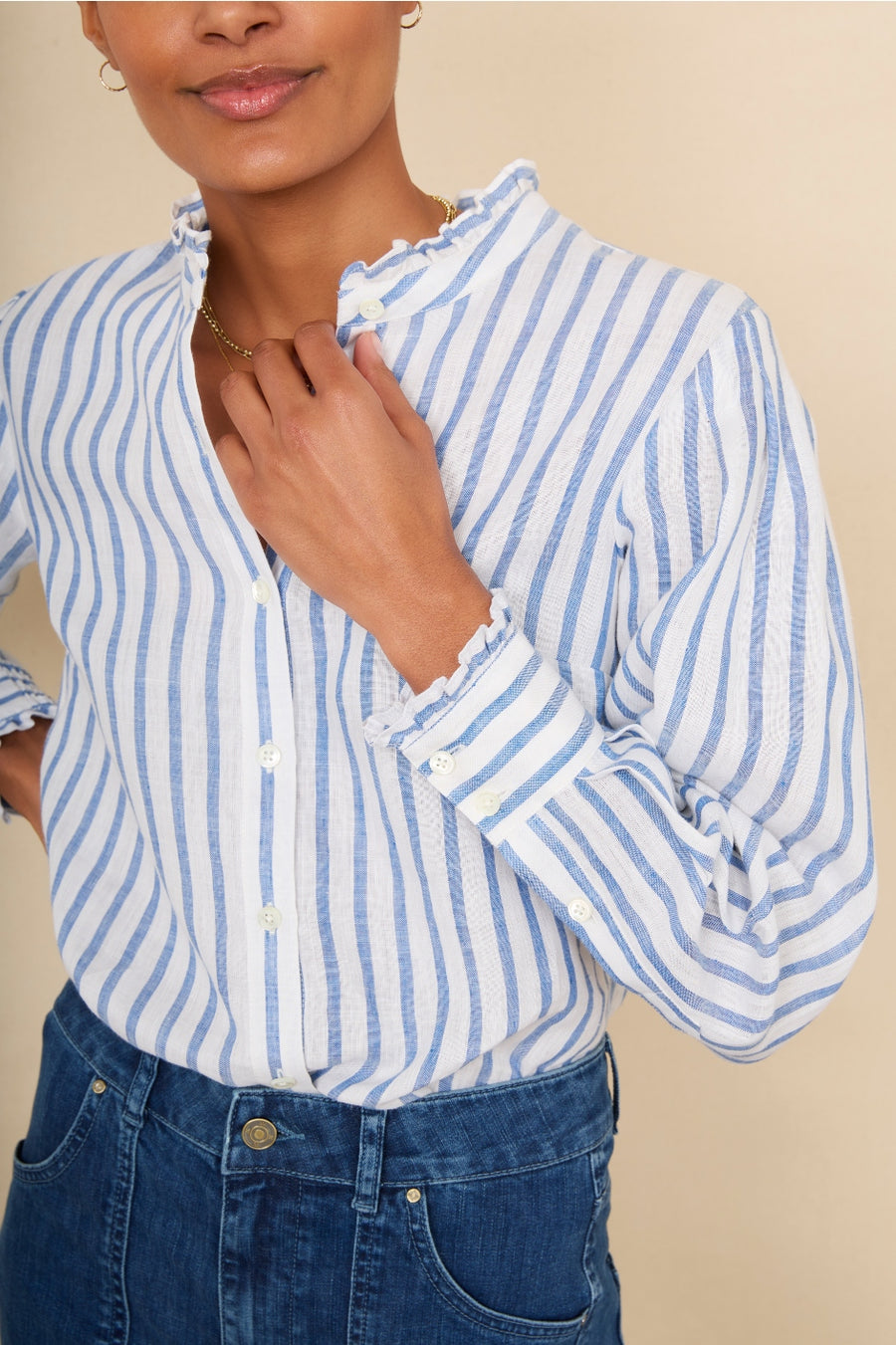 Paris Linen Frill Shirt - Blue Stripe