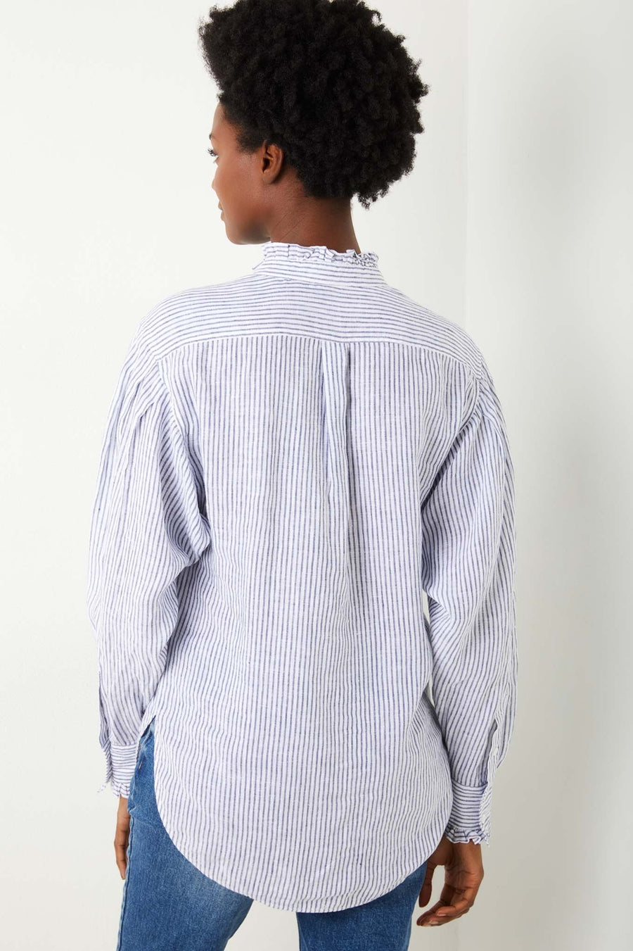 Paris Linen Stripe Frill Shirt - White/Blue