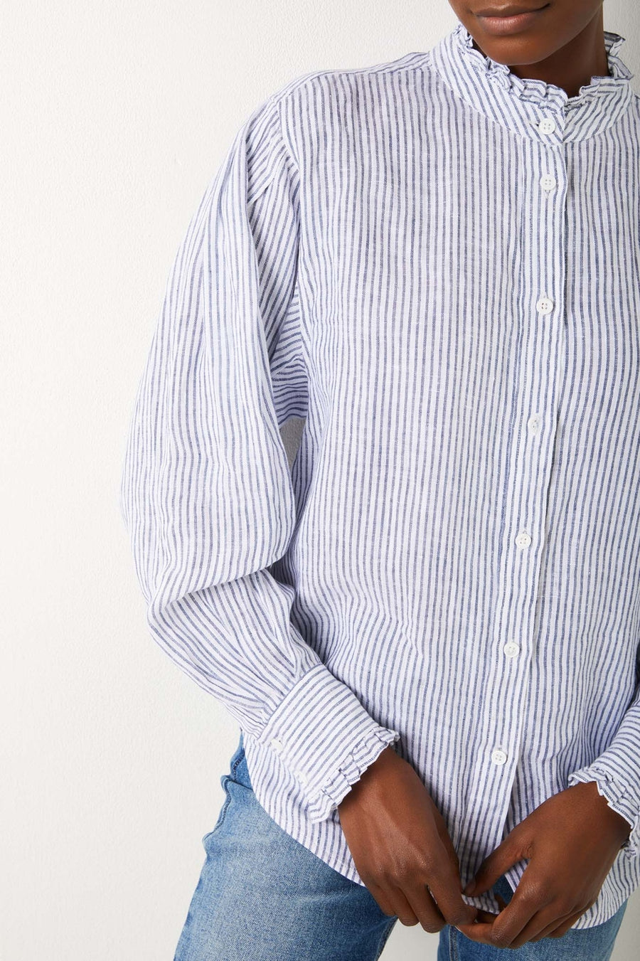 Paris Linen Stripe Frill Shirt - White/Blue