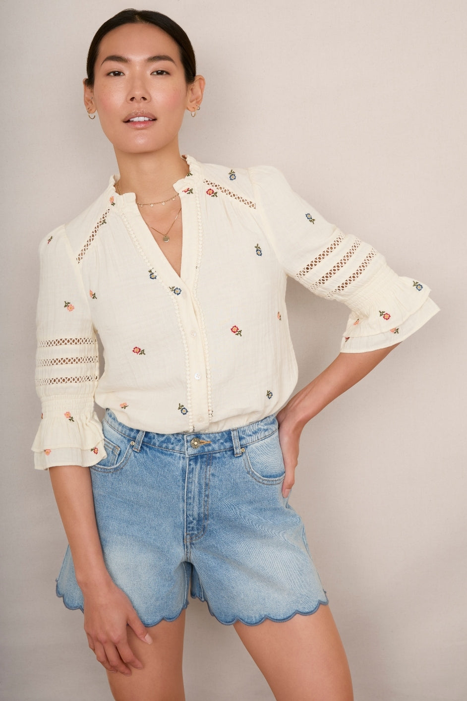 Parker Blouse - Ecru Floral Embroidery