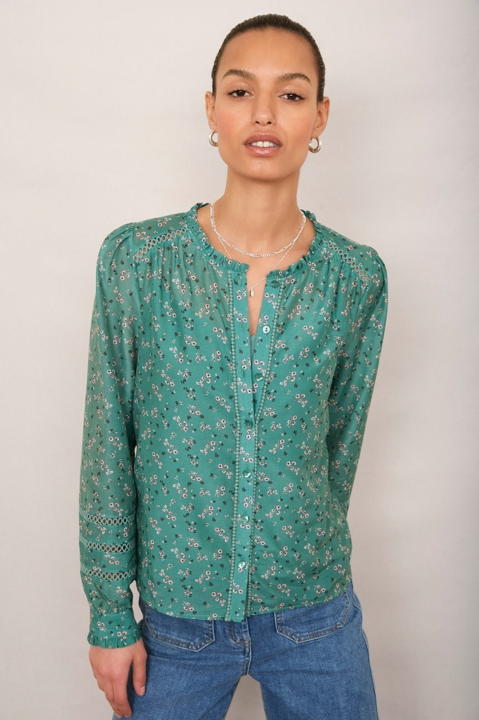 Parker Silk Blend Blouse - Sage Green Floral