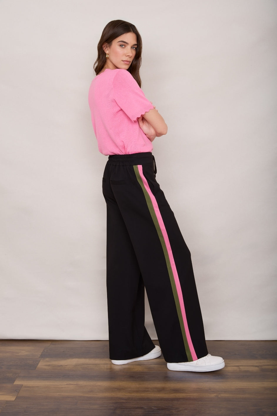 Penny Ponte Wide Leg Trouser - Black/Moss Green Pink Stripe