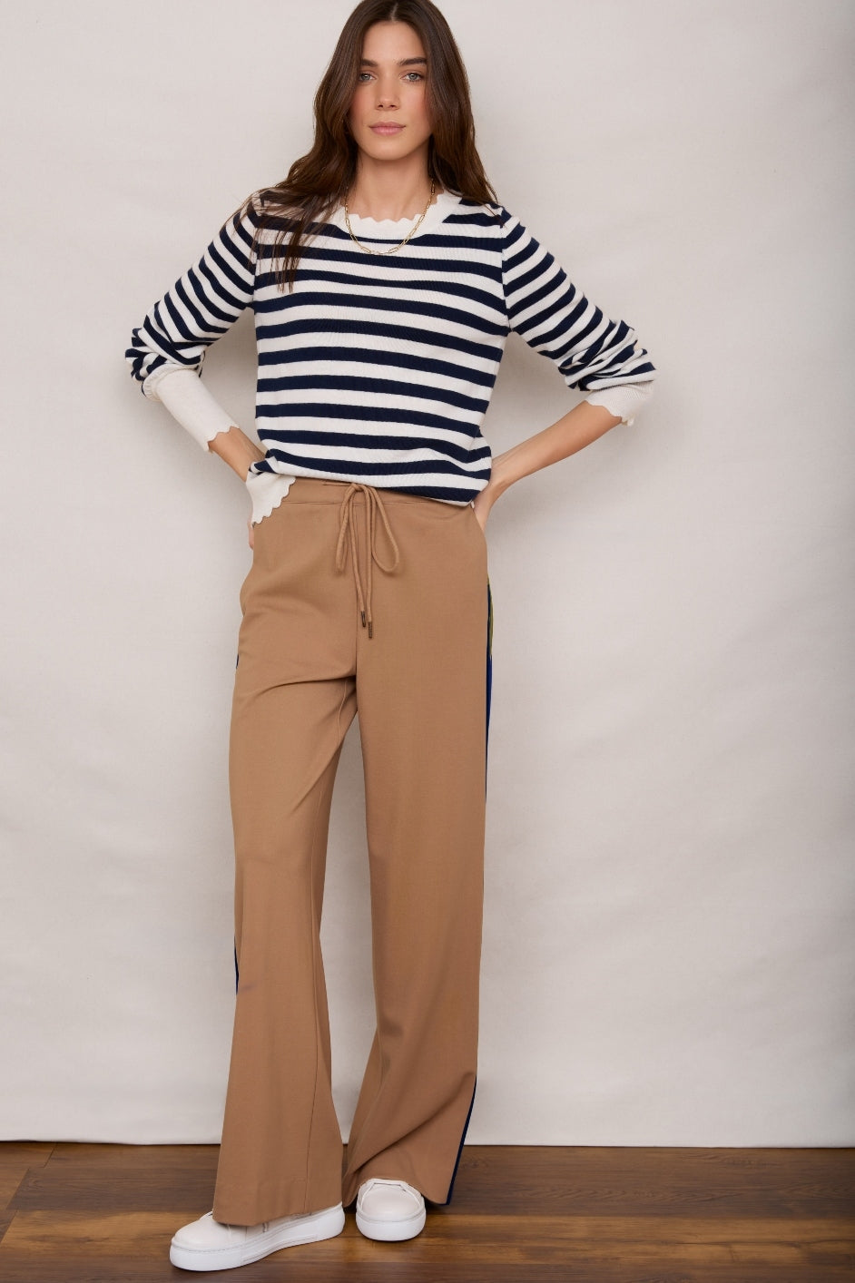 Penny Ponte Wide Leg Trouser - Sand/Moss Green Midnight Stripe