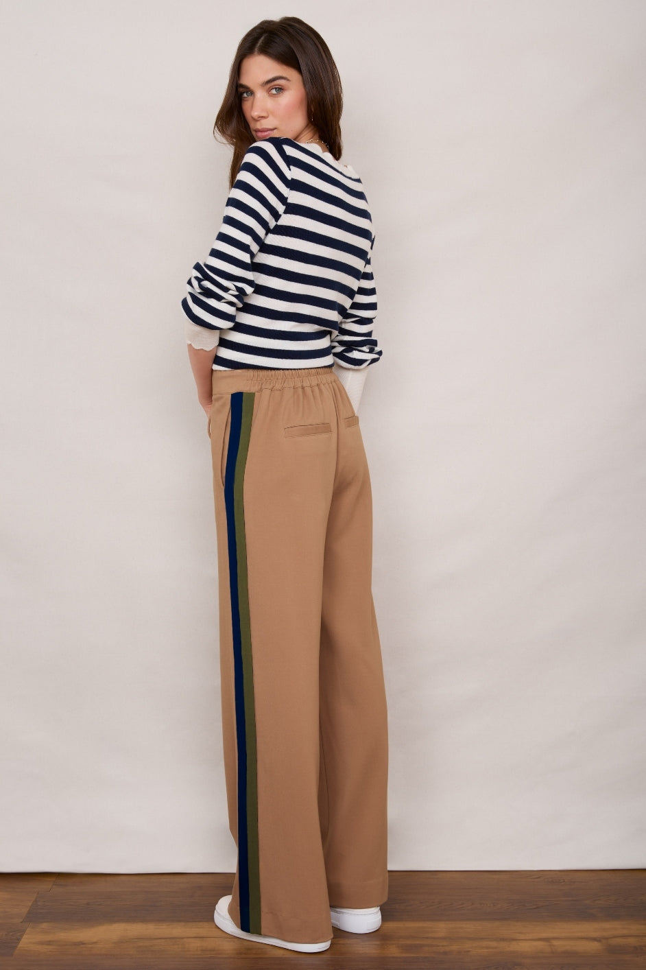 Penny Ponte Wide Leg Trouser - Sand/Moss Green Midnight Stripe