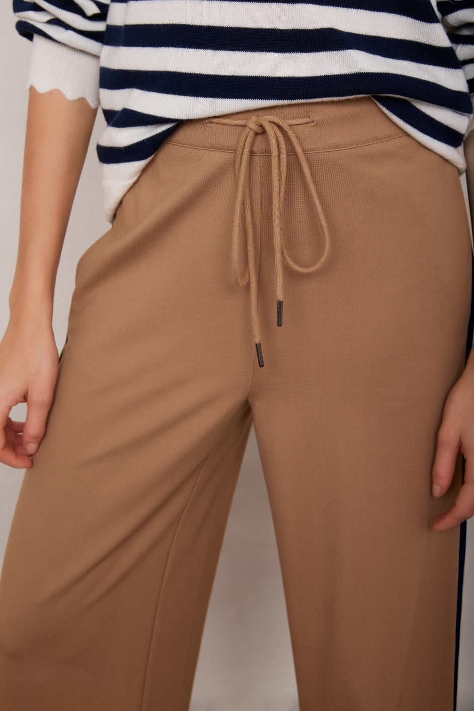 Penny Ponte Wide Leg Trouser - Sand/Moss Green Midnight Stripe