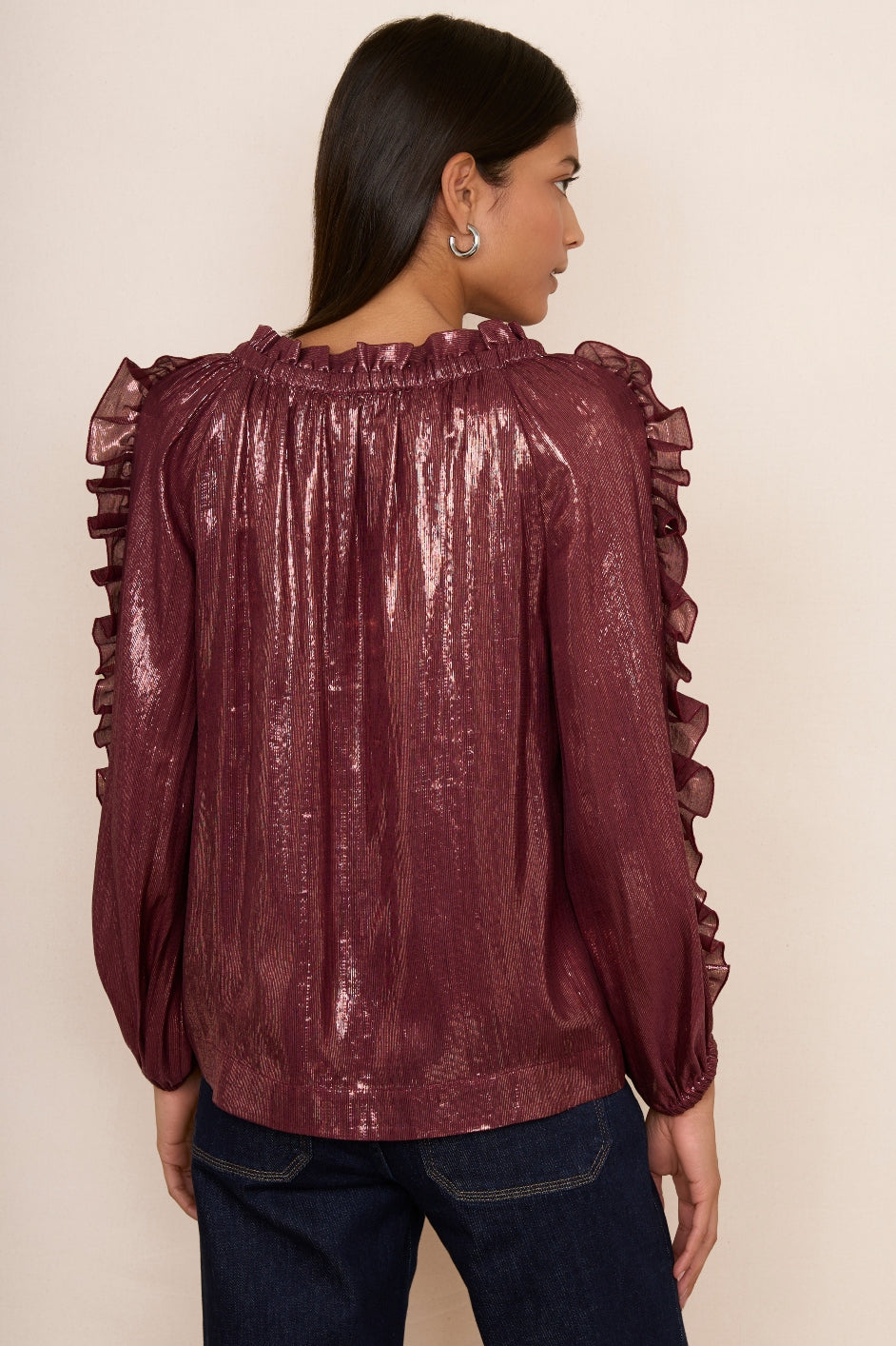 Rae Ruffle Sleeve Silk Blend Lame Top - Plum