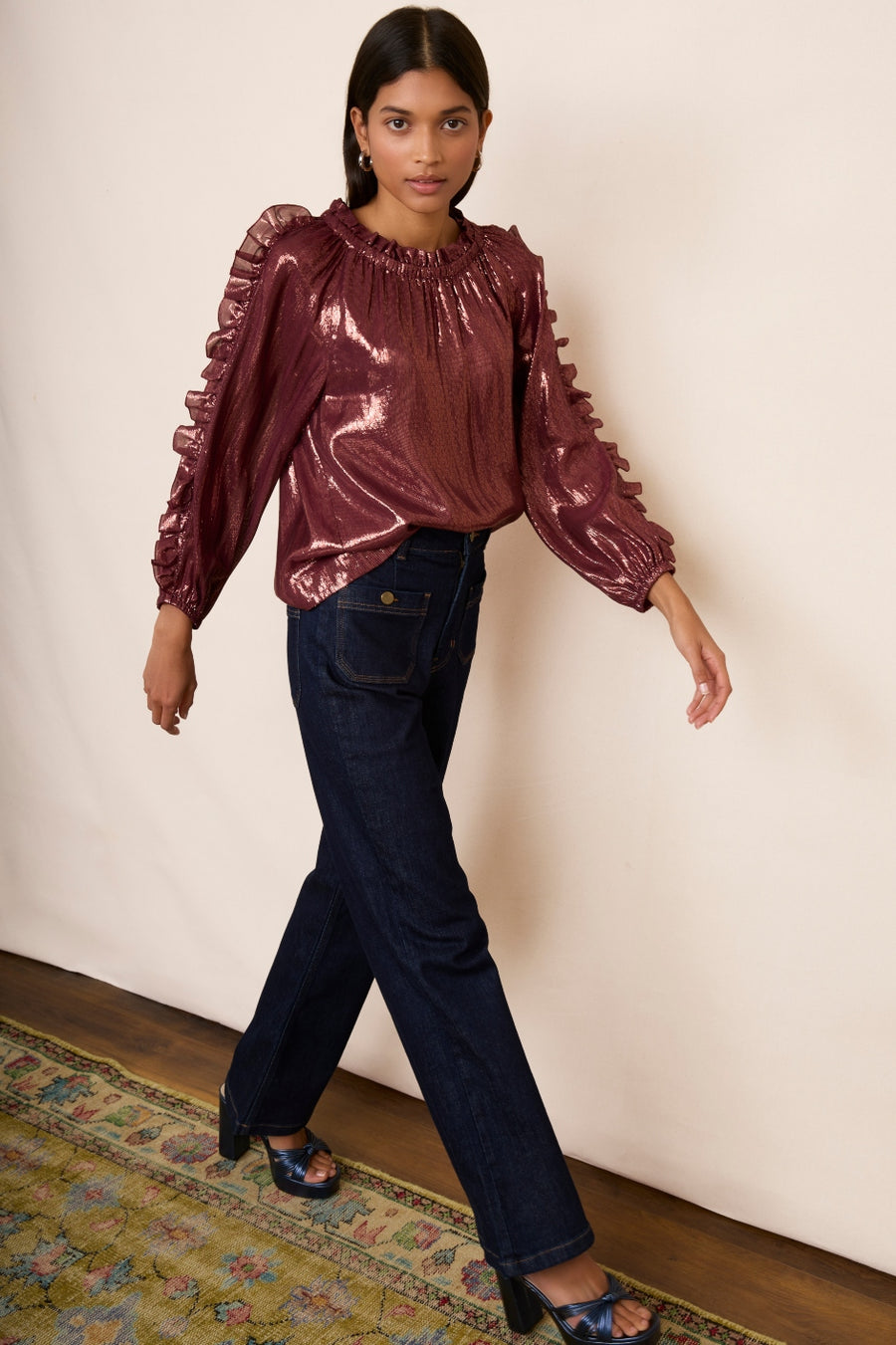 Rae Ruffle Sleeve Silk Blend Lame Top - Plum