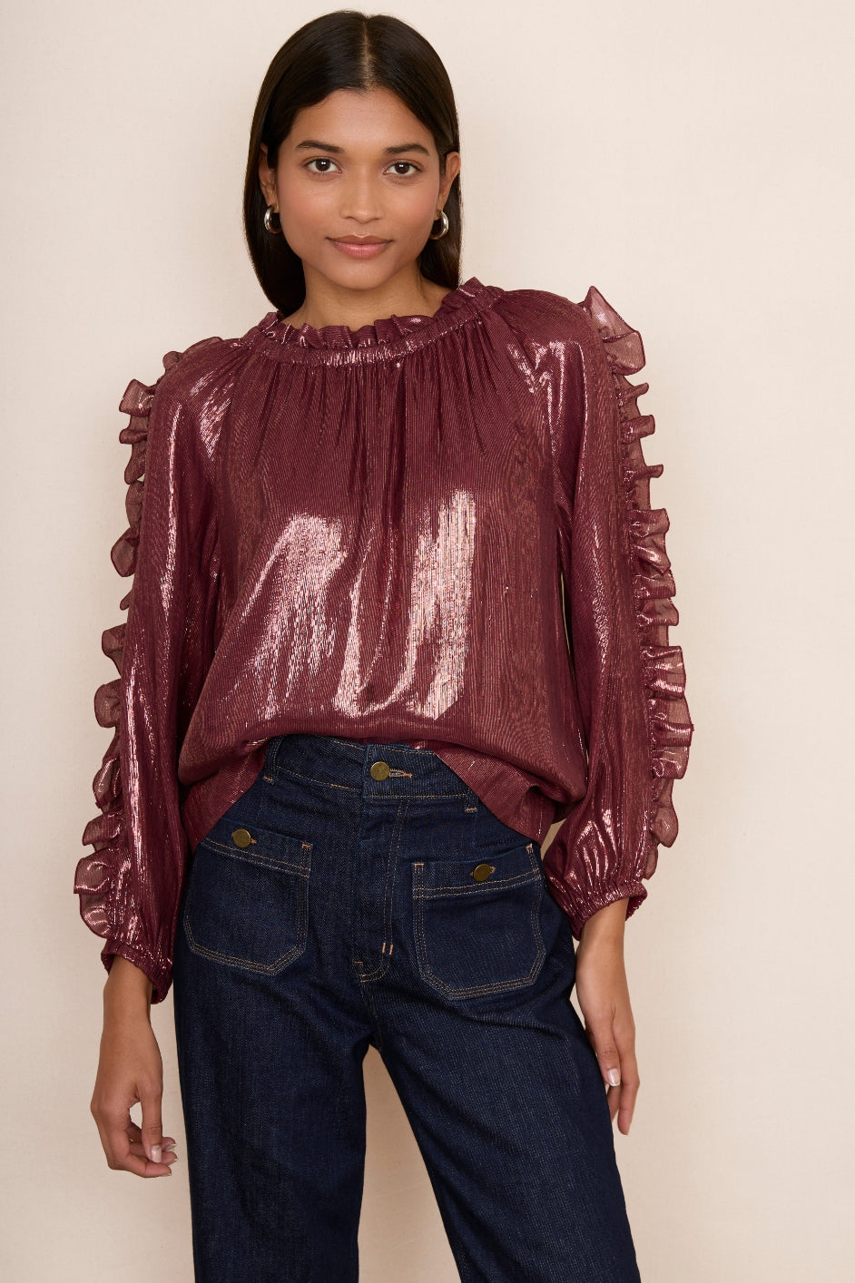 Rae Ruffle Sleeve Silk Blend Lame Top - Plum