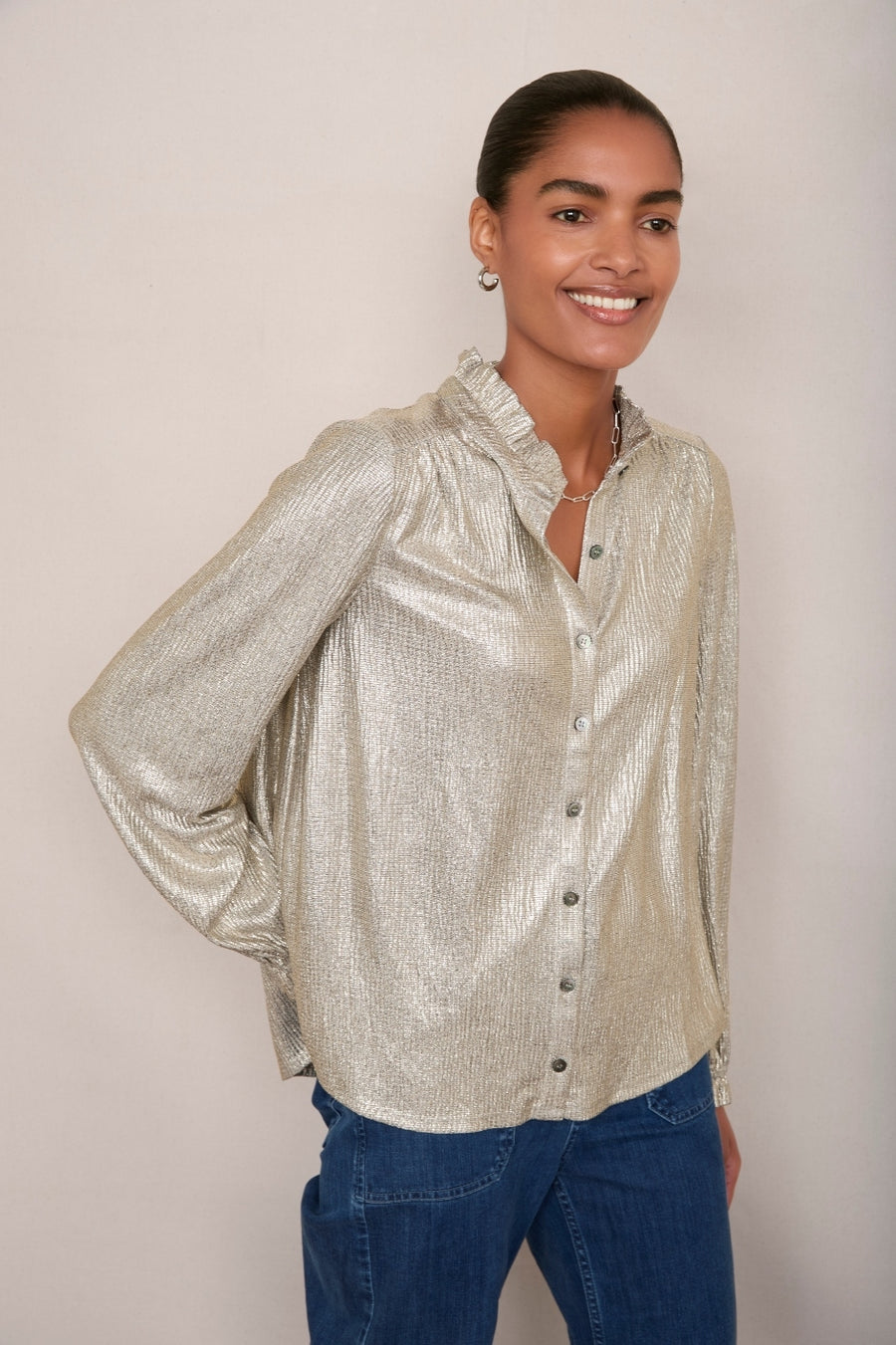 Raya Metallic Frill Neck Top - Champagne