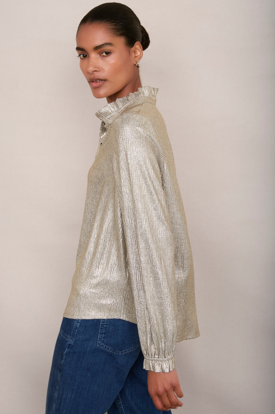 Raya Metallic Frill Neck Top - Champagne