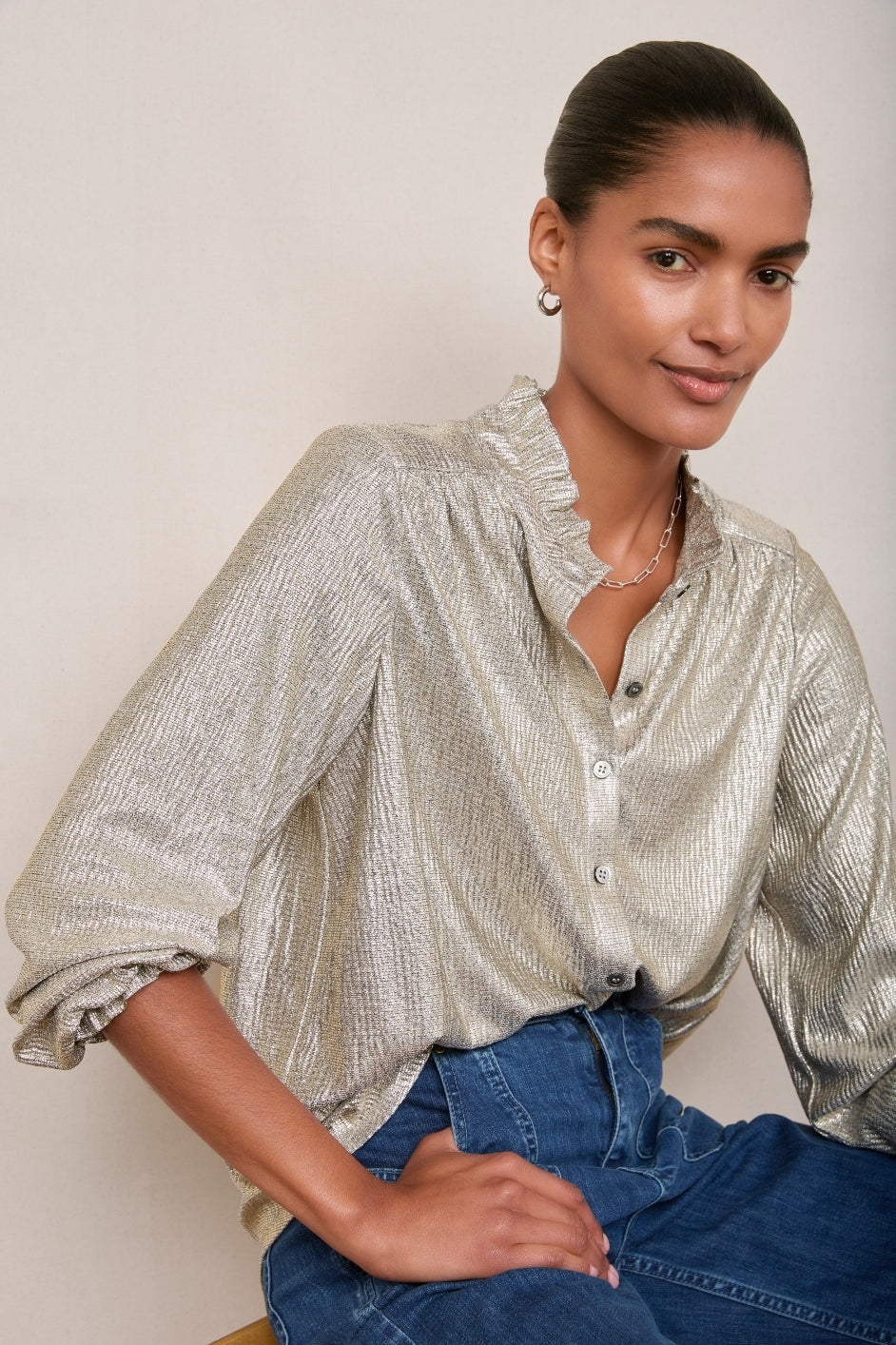 Raya Metallic Frill Neck Top - Champagne