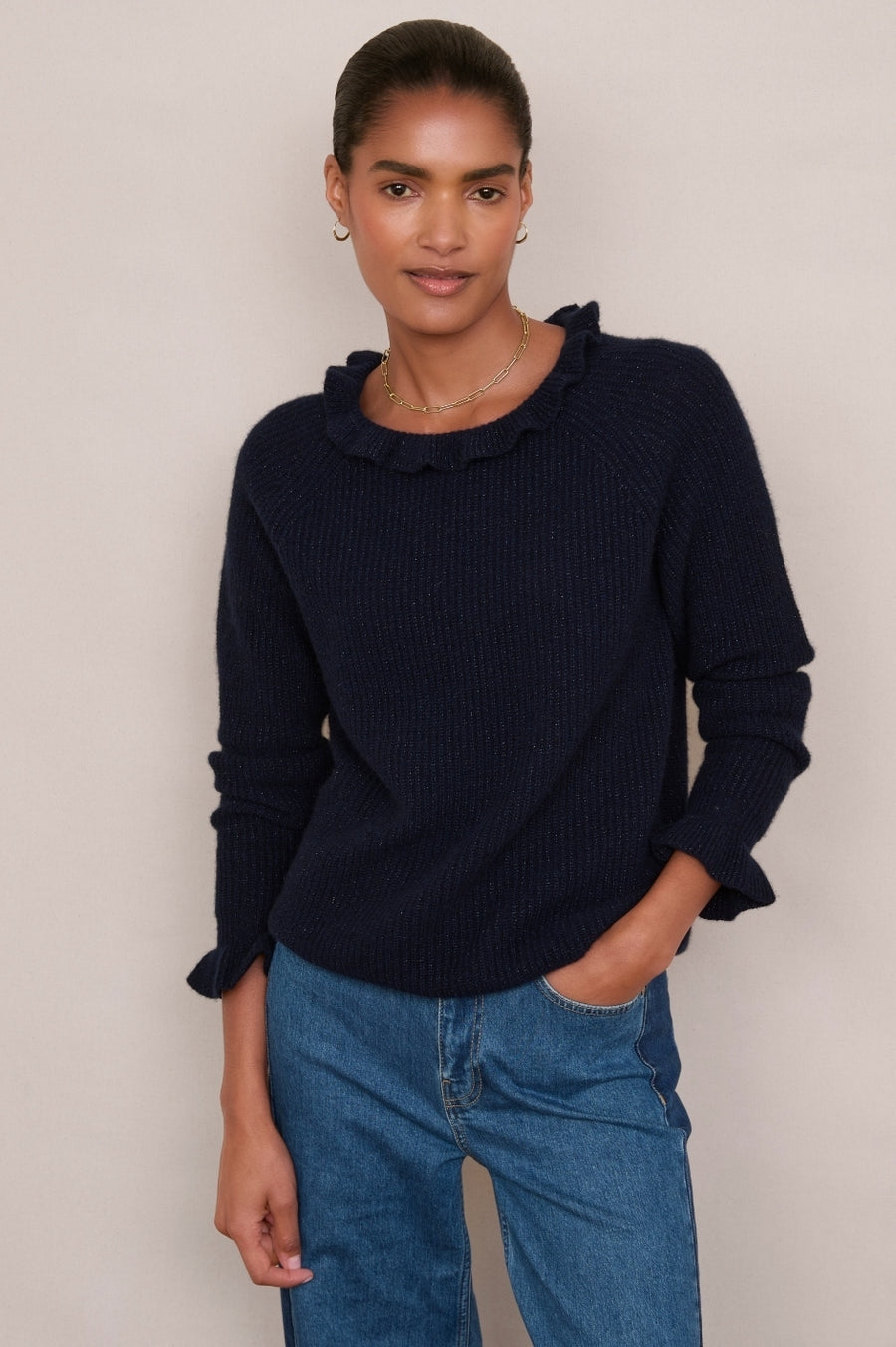 Renee Cashmere Ruffle Neck Jumper - Midnight Sparkle