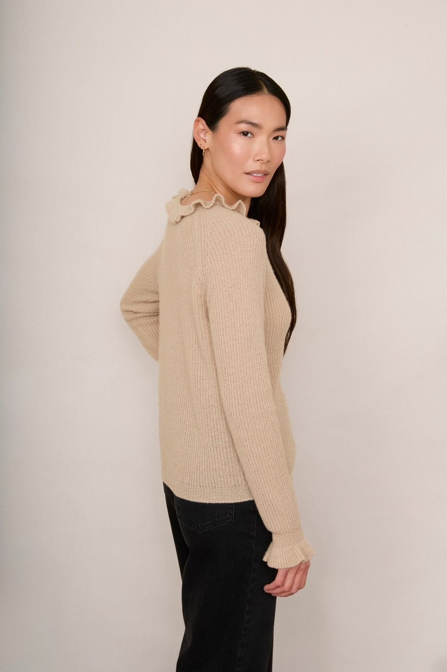 Renee Cashmere Ruffle Neck Jumper - Oat Sparkle