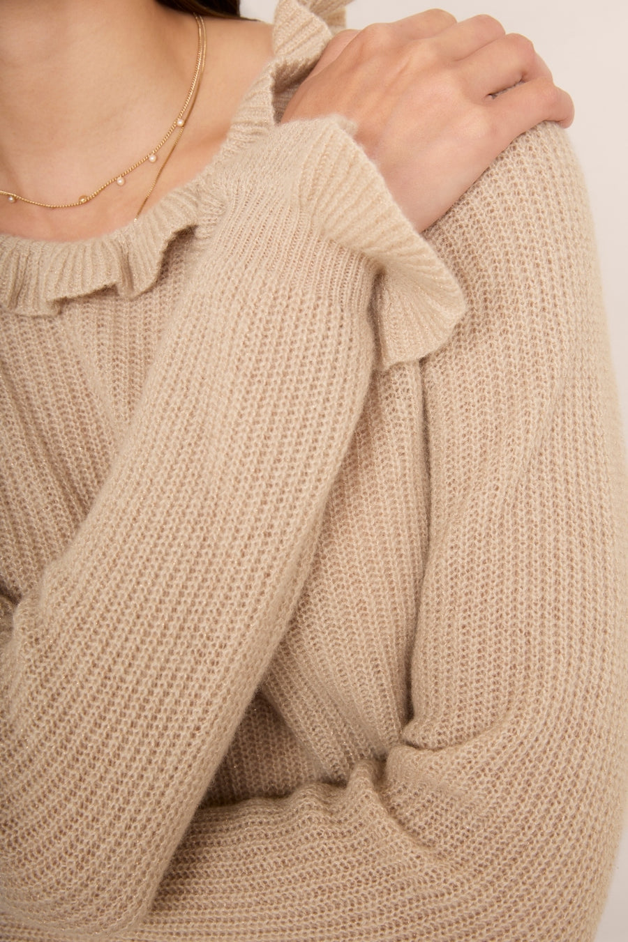 Renee Cashmere Ruffle Neck Jumper - Oat Sparkle