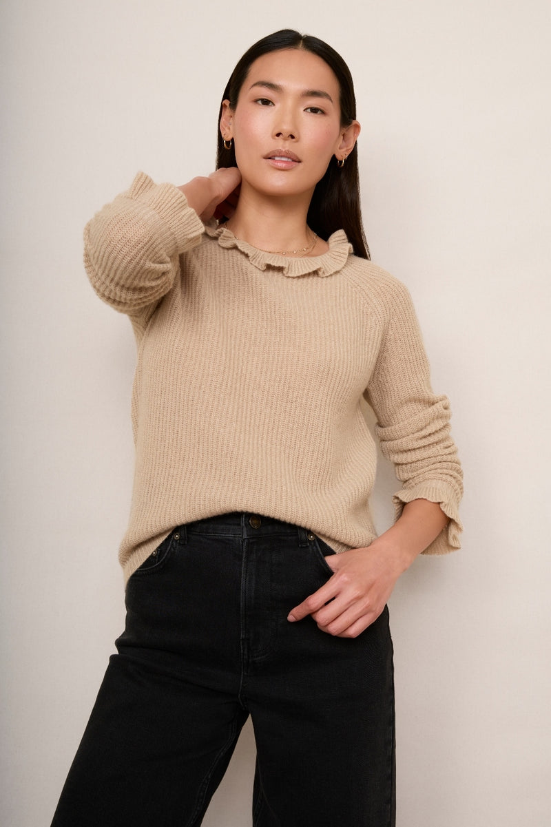 Renee Cashmere Ruffle Neck Jumper - Oat Sparkle