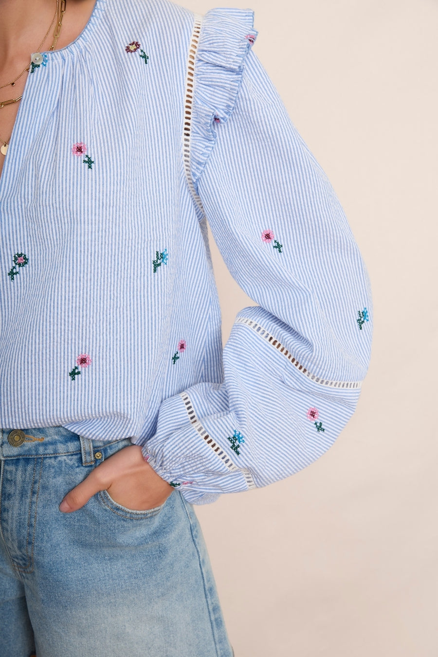 Renee Embroidered Top - Blue Stripe