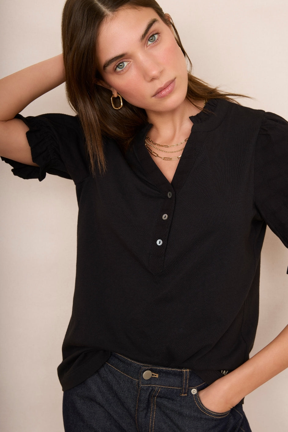 Renee Woven Sleeve Top - Black