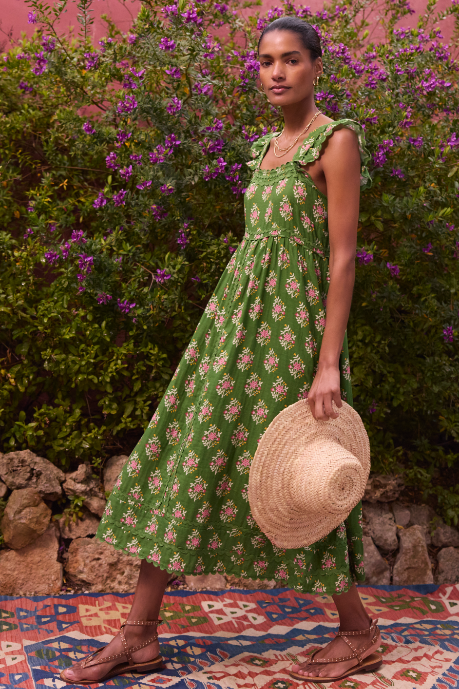 Sophia Smocked Sundress - Green Woodblock