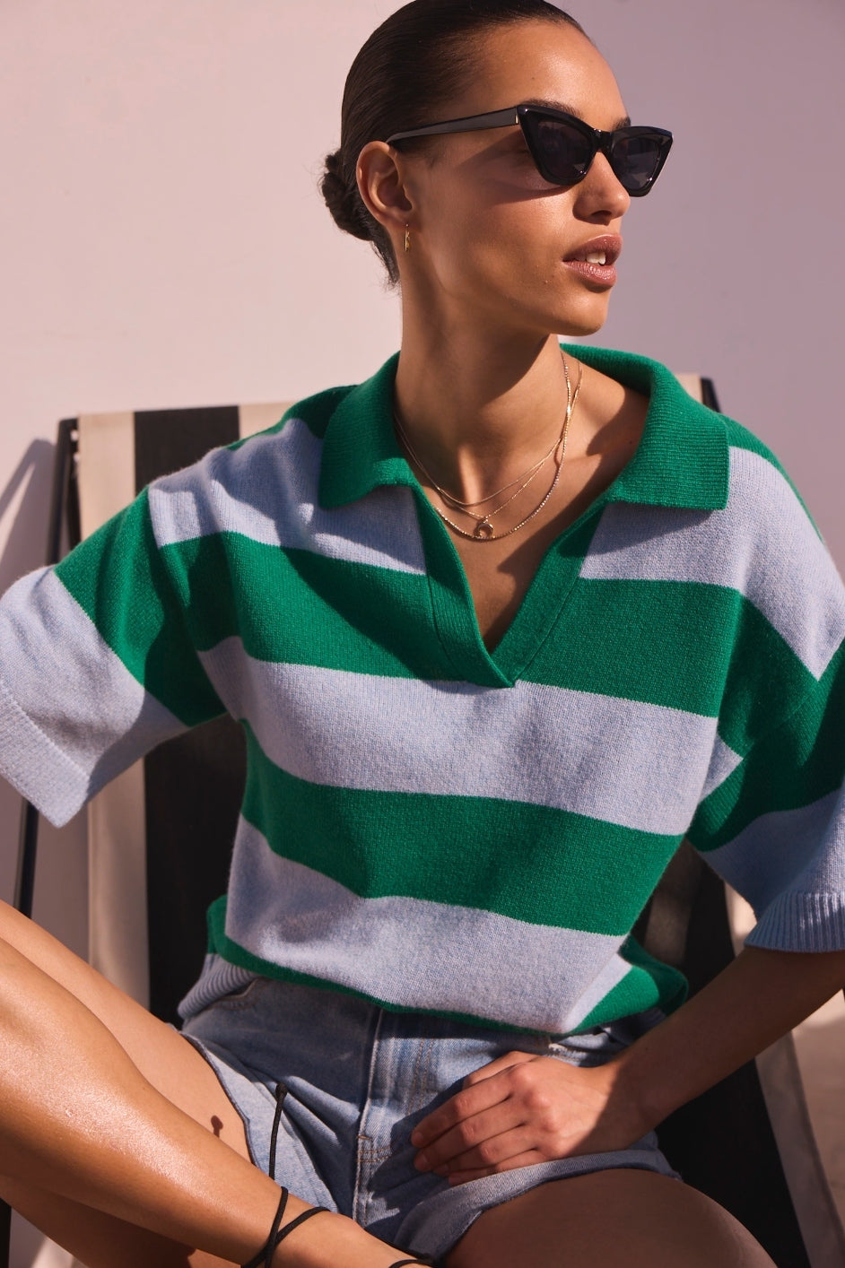 DB X Wyse Stripe Polo Jumper - Jade Green/French Blue