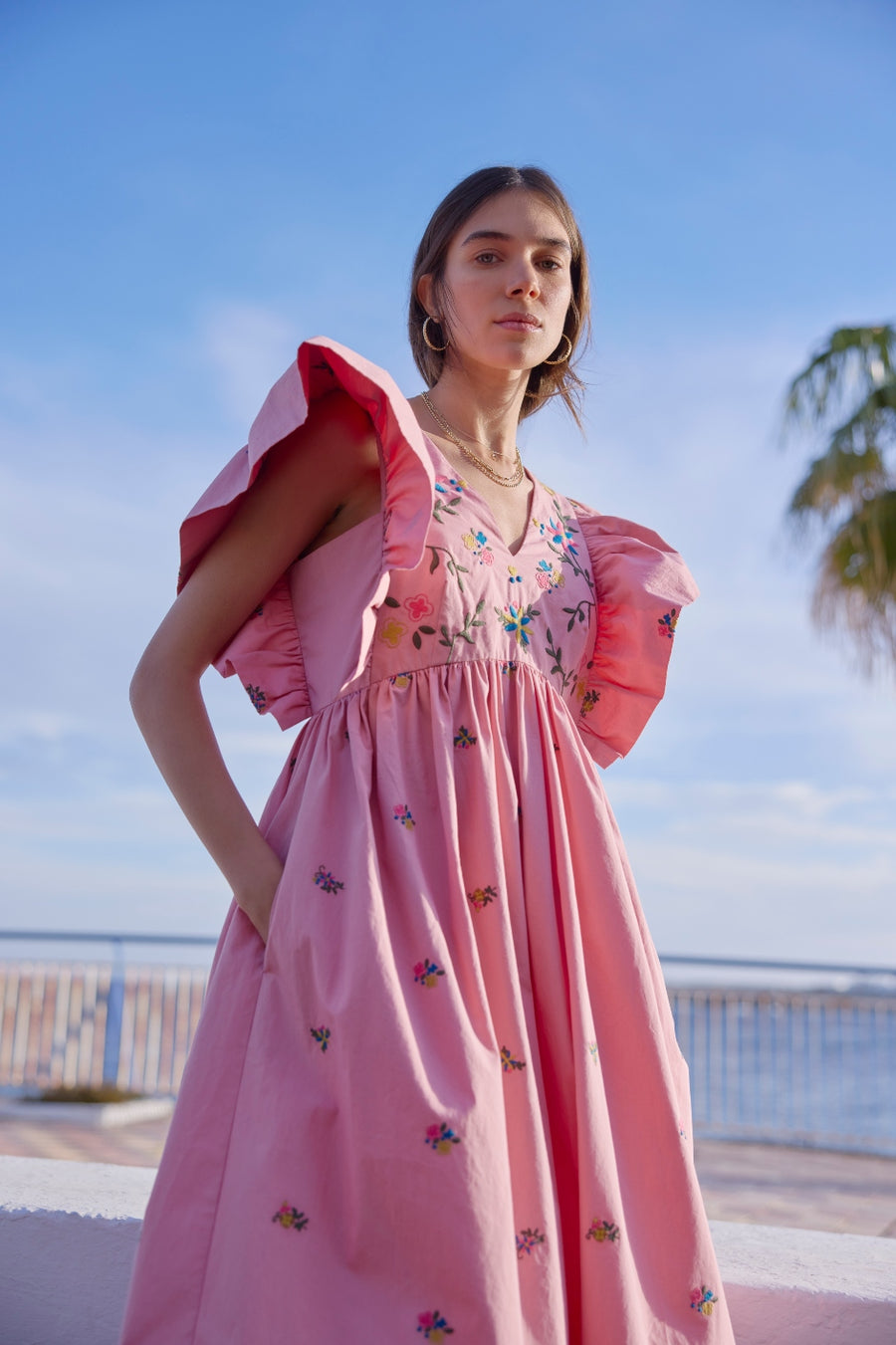 Emmeline Dress - Pink Embroidered