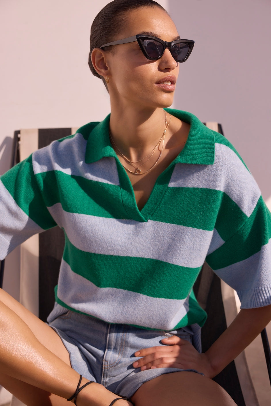 DB X Wyse Stripe Polo Jumper - Jade Green/French Blue