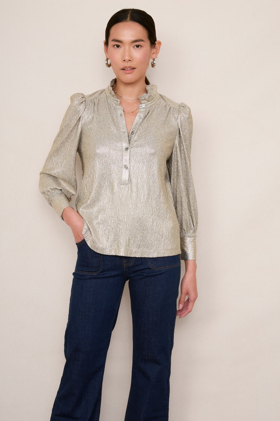 Sathony Metallic Frill Neck Top - Champagne