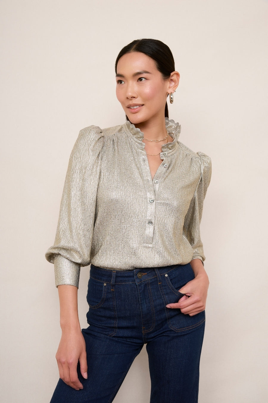 Sathony Metallic Frill Neck Top - Champagne