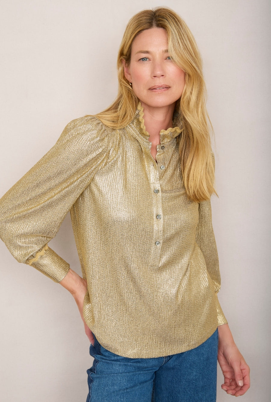 Sathony Metallic Frill Neck Top - Gold