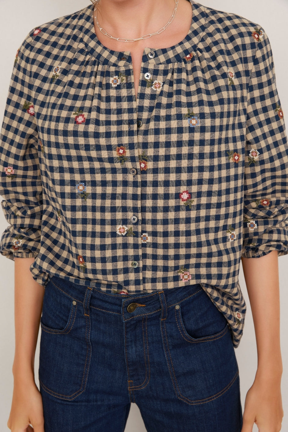 Skylar Embroidery Blouse - Navy/Tan