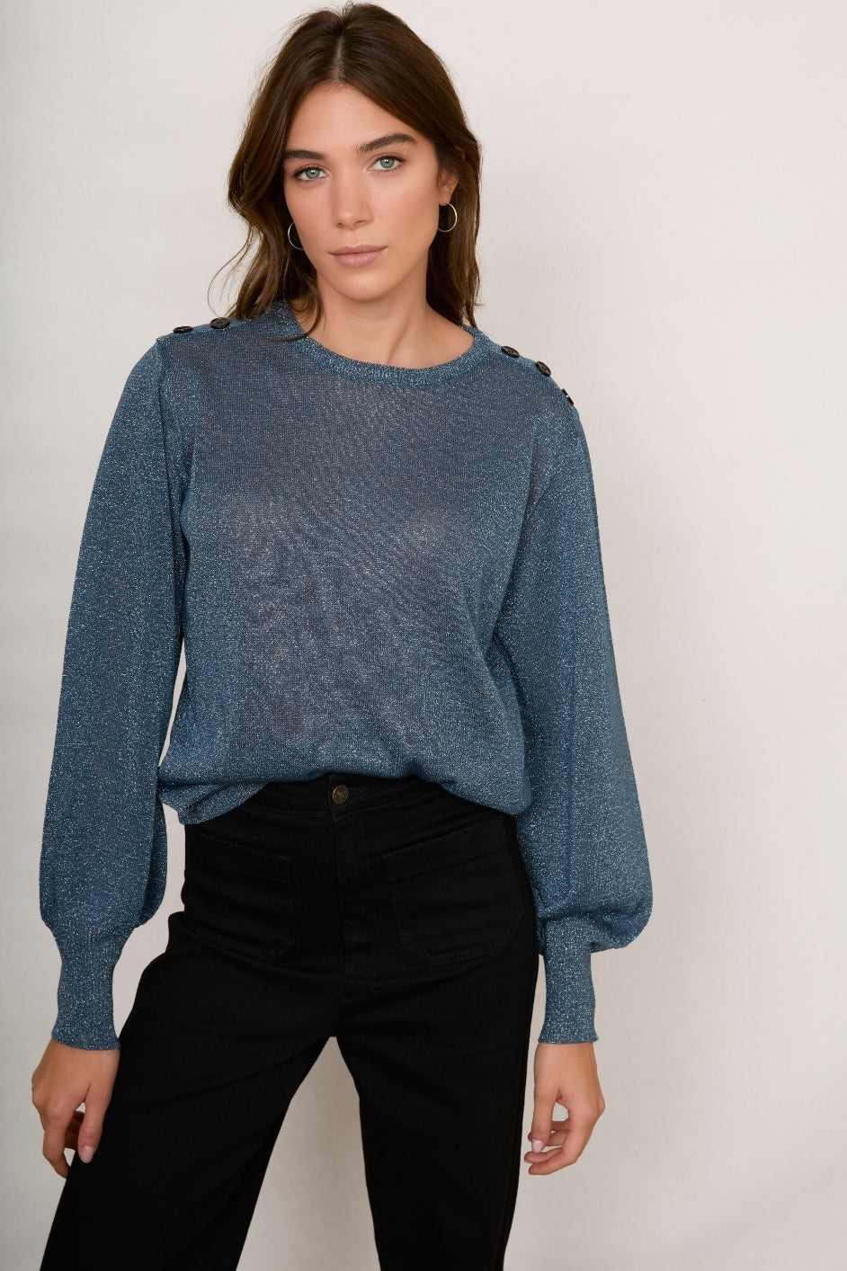 Sylvie Metallic Bell Sleeve Jumper - Petrol Blue