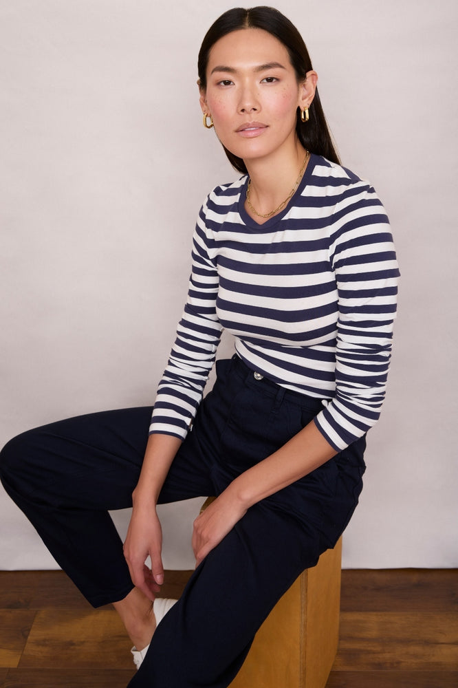 Marnie Long Sleeve Jersey Top - Midnight/Ivory Stripe