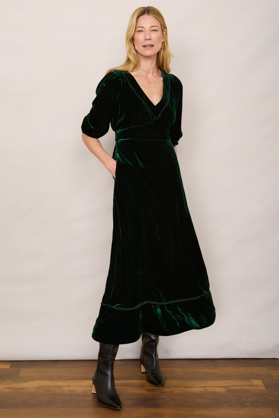 Valerie Silk Velvet Dress - Forest Green