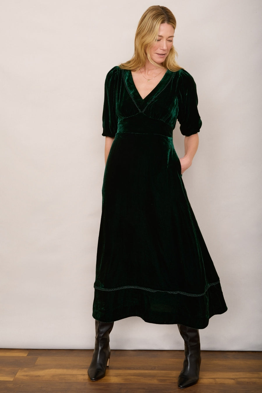 Valerie Silk Velvet Dress - Forest Green