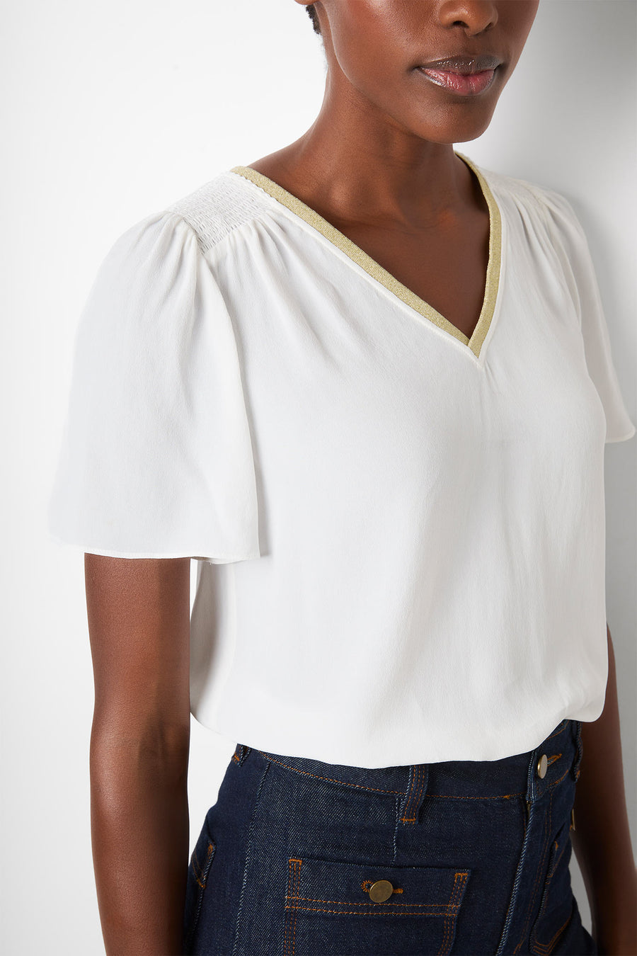 Allyson Gold Shimmer Trim Top - White/Gold