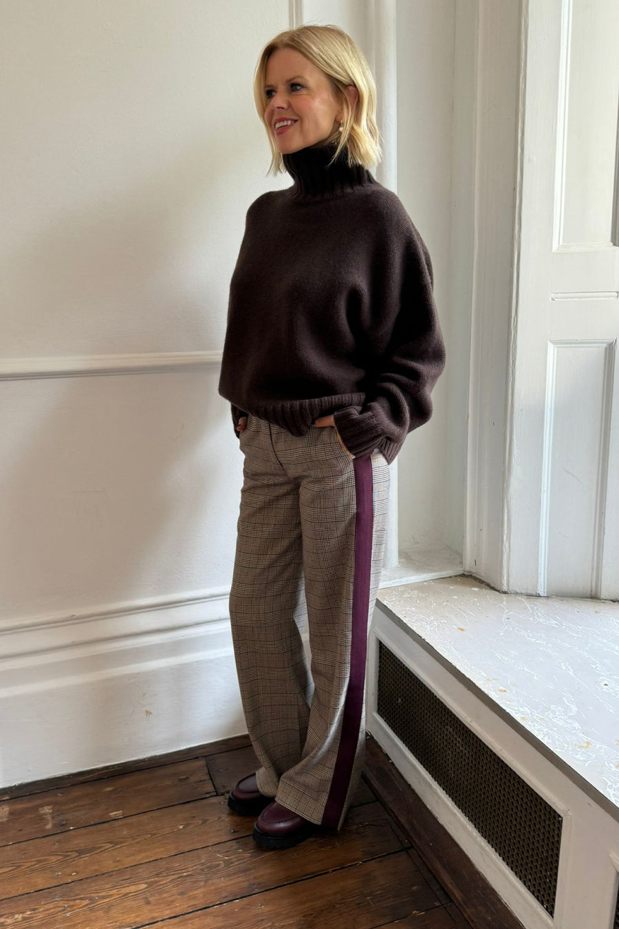 Charlotte Check Trouser - Tan/Plum