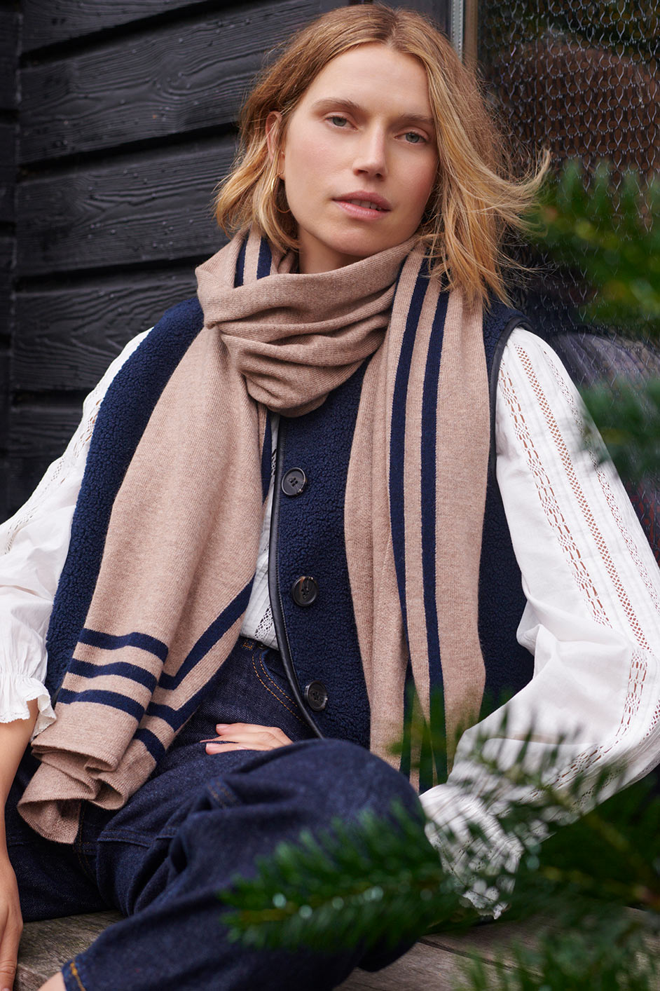 Dianthe Stripe Edge Scarf - Taupe/Midnight