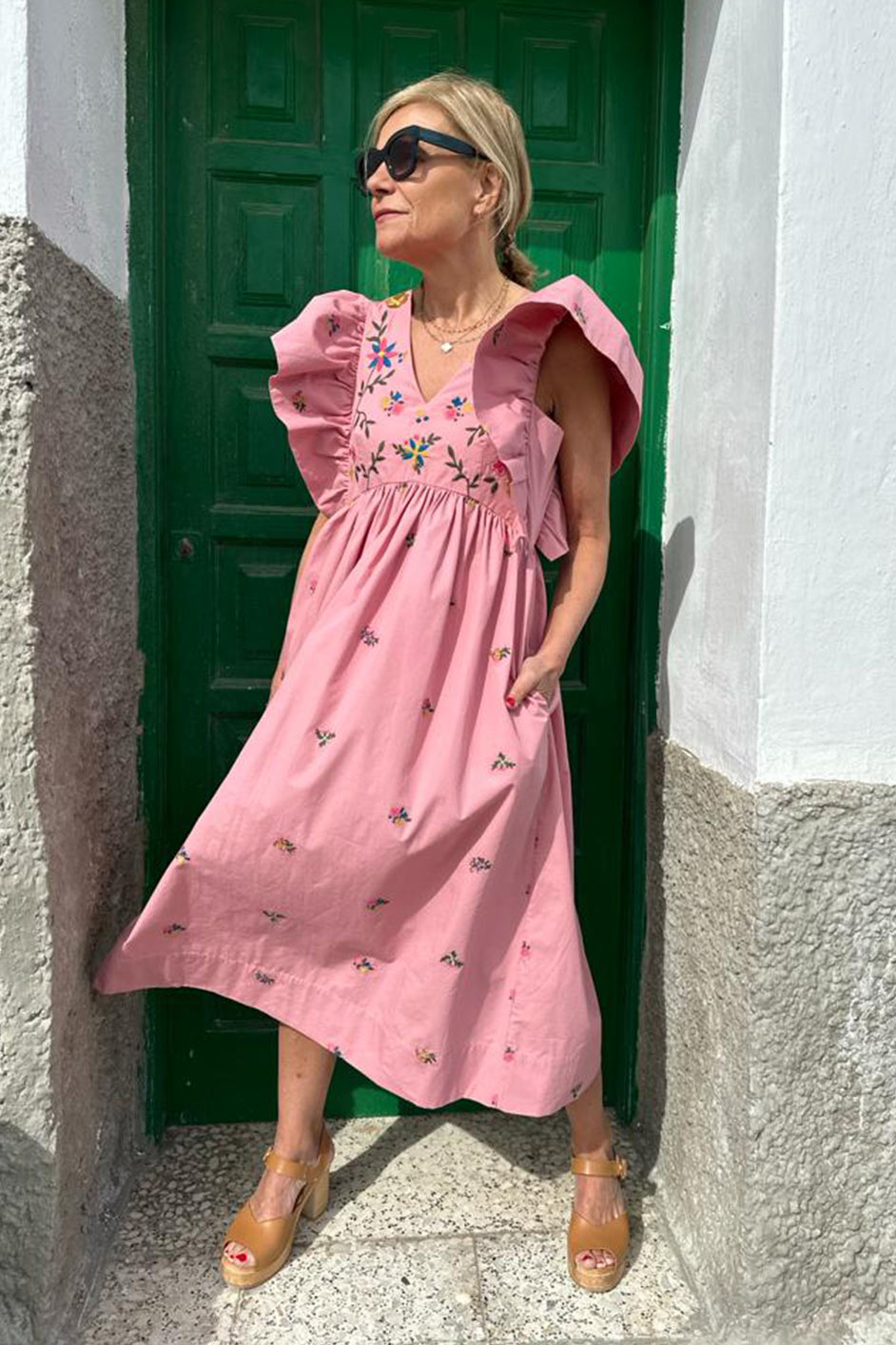 Emmeline Dress - Pink Embroidered