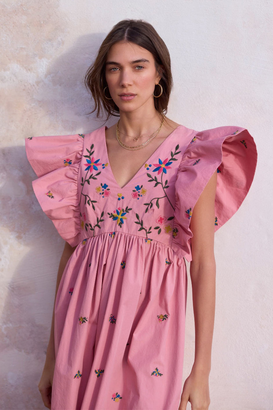 Emmeline Dress - Pink Embroidered