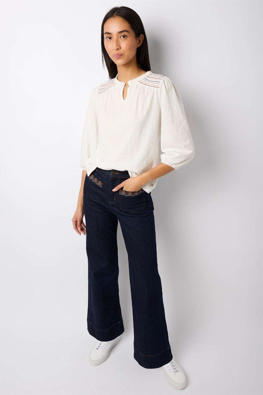 Flossie Scallop Trim Flared Jean - Mid Wash - Longer Length