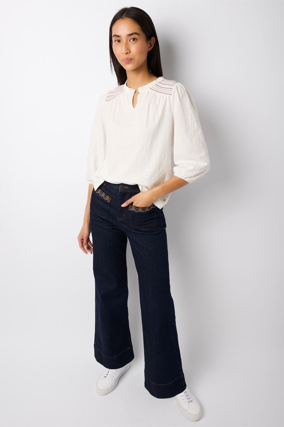 Flossie Scallop Trim Flared Jean - Mid Wash - Longer Length