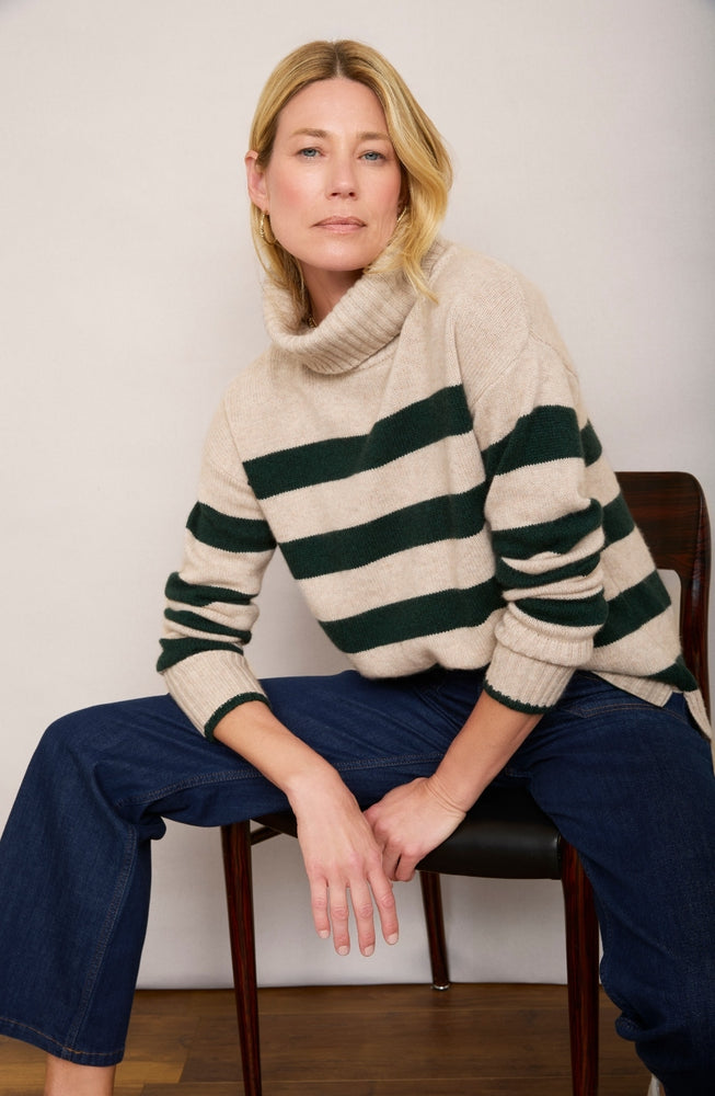 Nadia Funnel Neck Jumper - Oat/Forest Green Stripe