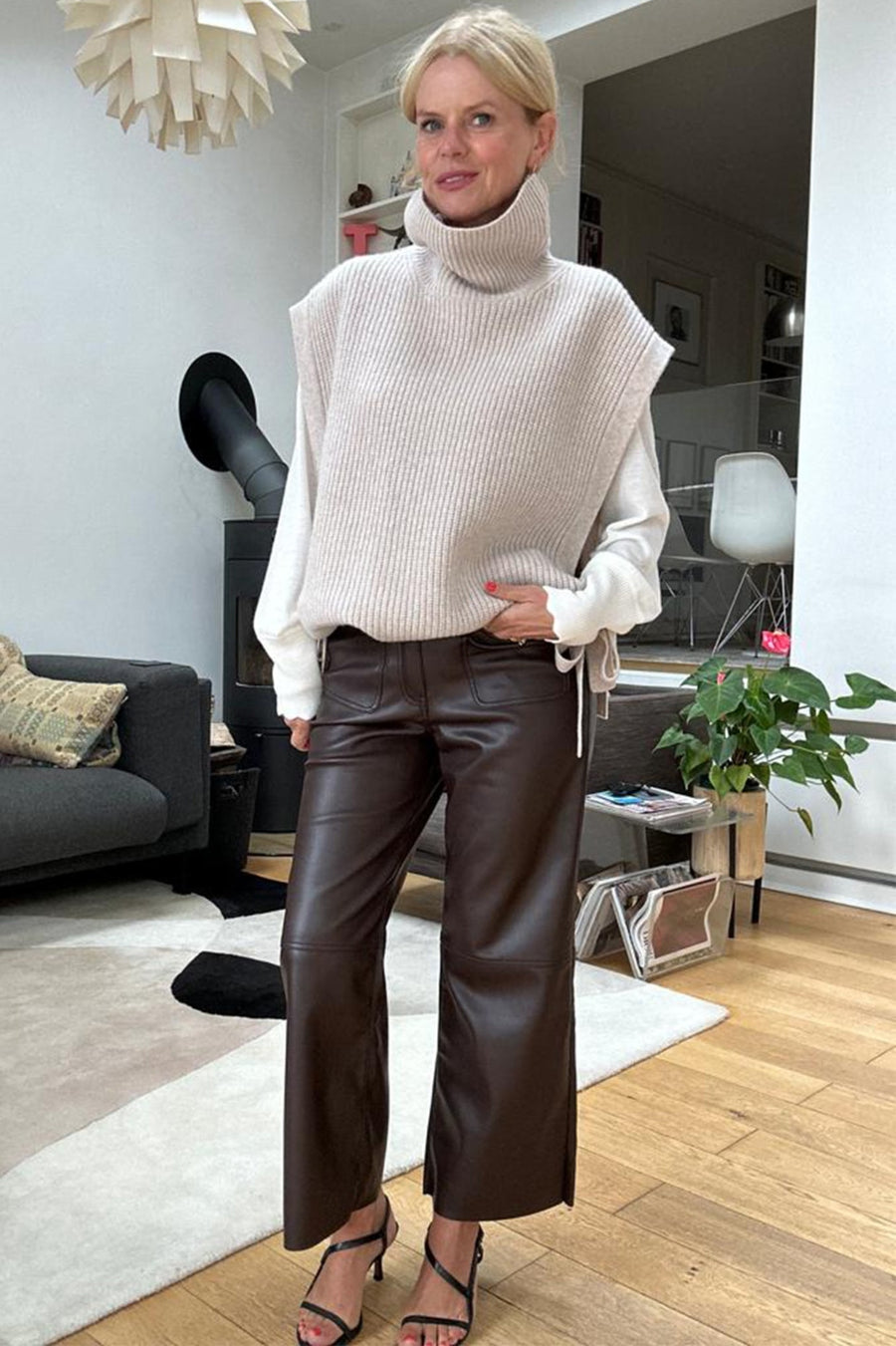 Womens Brown Faux-leather Trousers