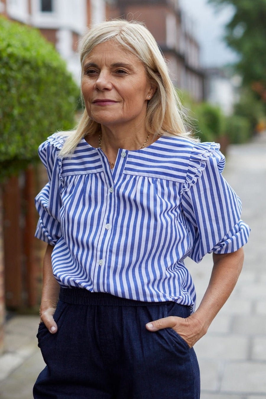 Leila Frill Shoulder Shirt - Blue/White