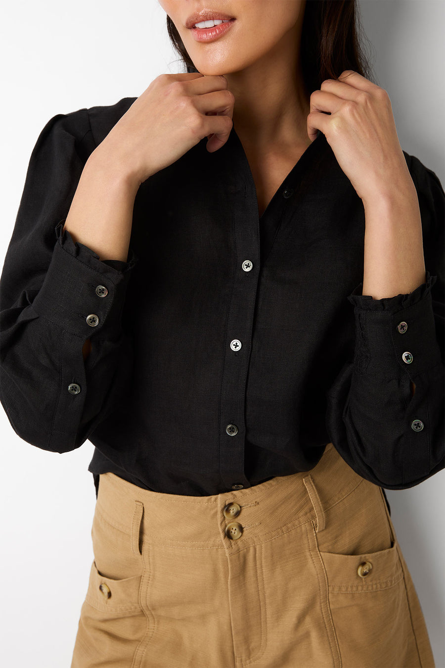 Paris Linen Frill Shirt - Black