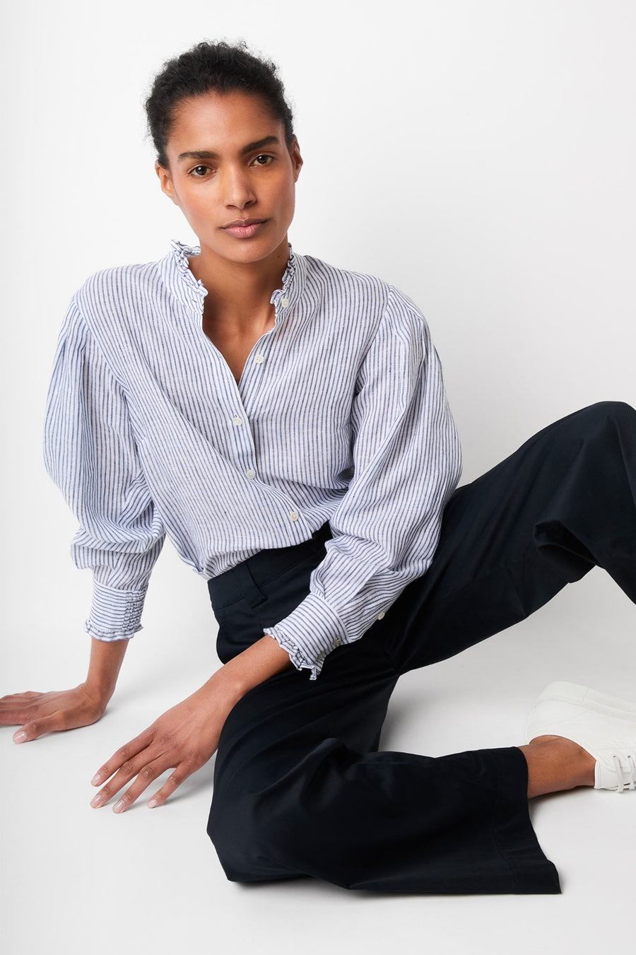 Paris Linen Stripe Frill Shirt - White/Blue