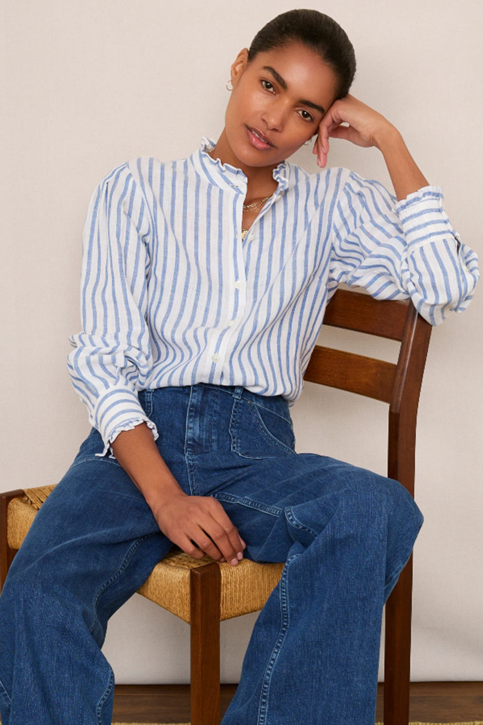 Paris Linen Frill Shirt - Blue Stripe