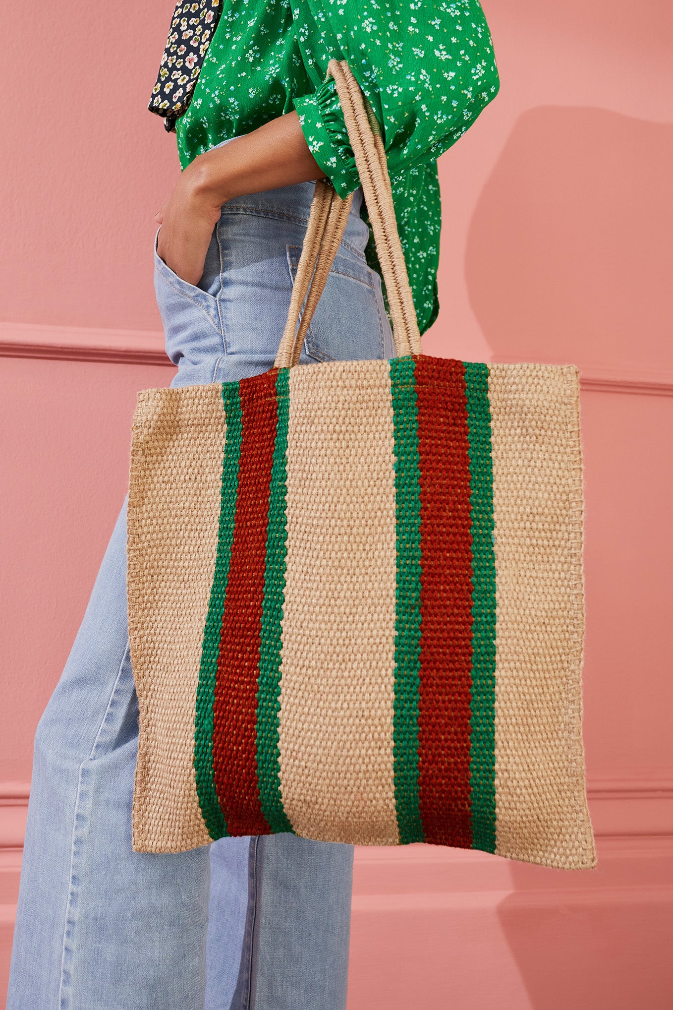 Helena Hessian Shopper - Green/Red