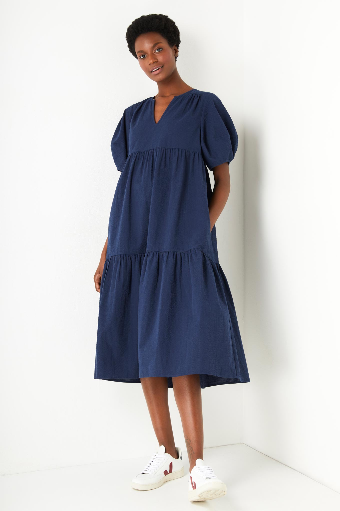 Serena Seersucker Dress - Midnight Blue - Regular