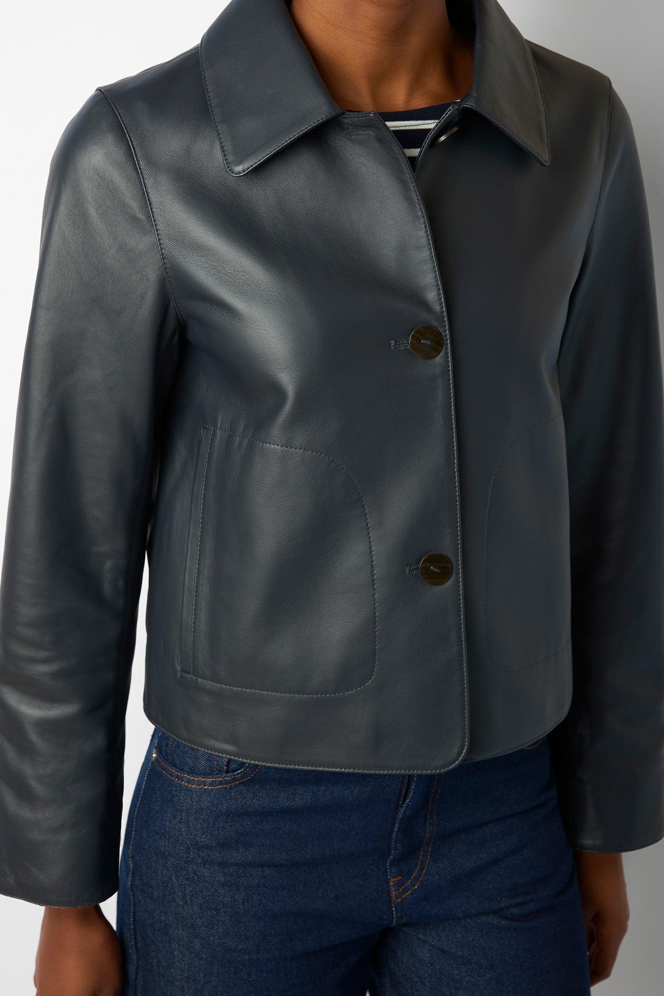 Beatrice Buttoned Leather Jacket Blue Black Free Delivery Over