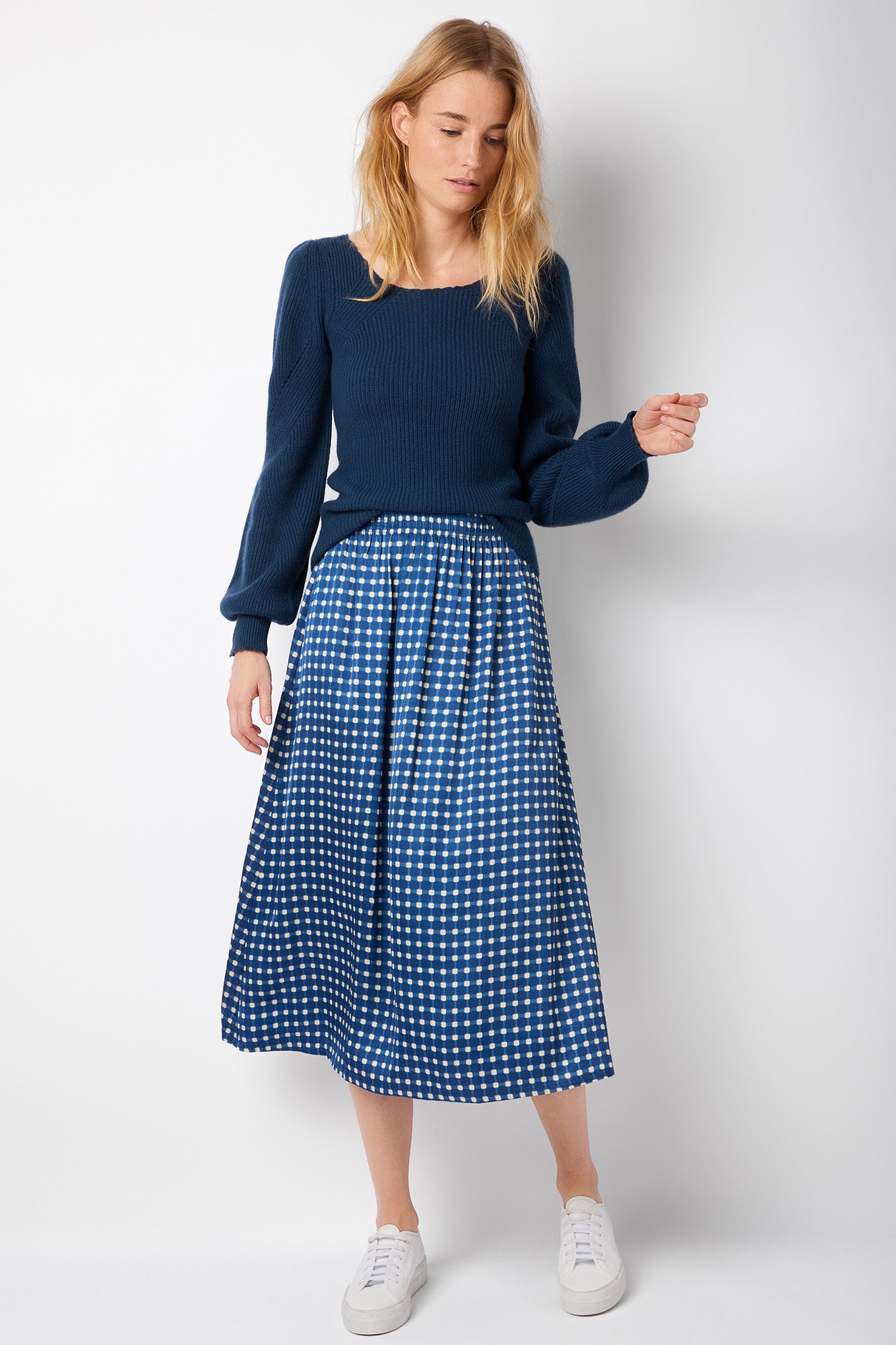 Bonnie Blurred Gingham Midi Skirt - Blue Multi